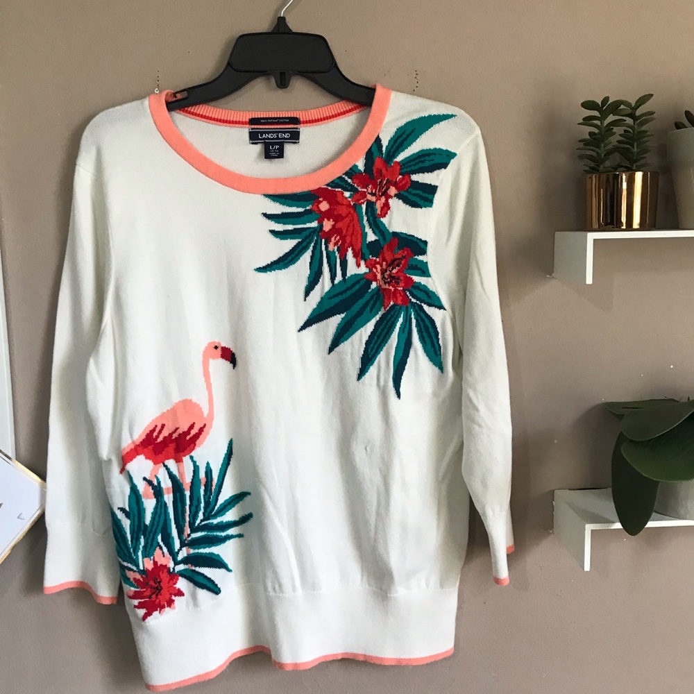 Lands' End Supima Cotton Sweater Flamingo floral - Picture 2 of 5